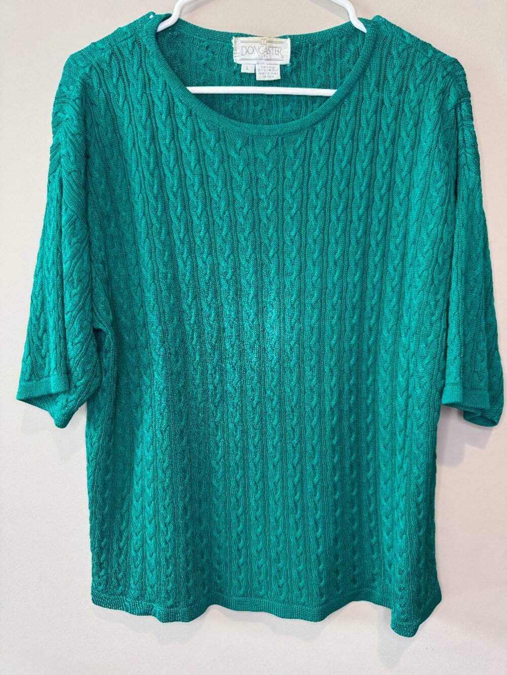 Doncaster Silk Sweater L Teal Cable Knit Luxury Short Sleeve Top